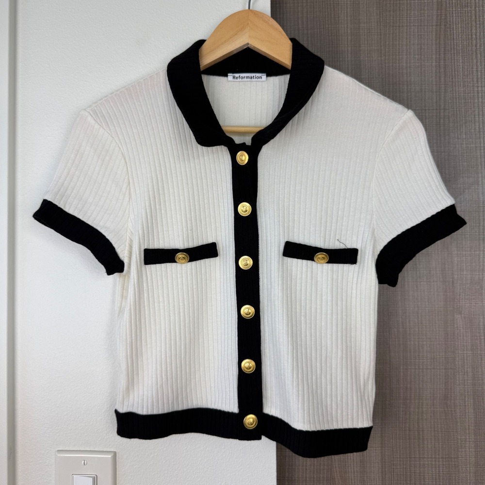 Reformation White Black Aminara Knit Short Sleeve Top Old Money Size Large - Picture 4 of 14